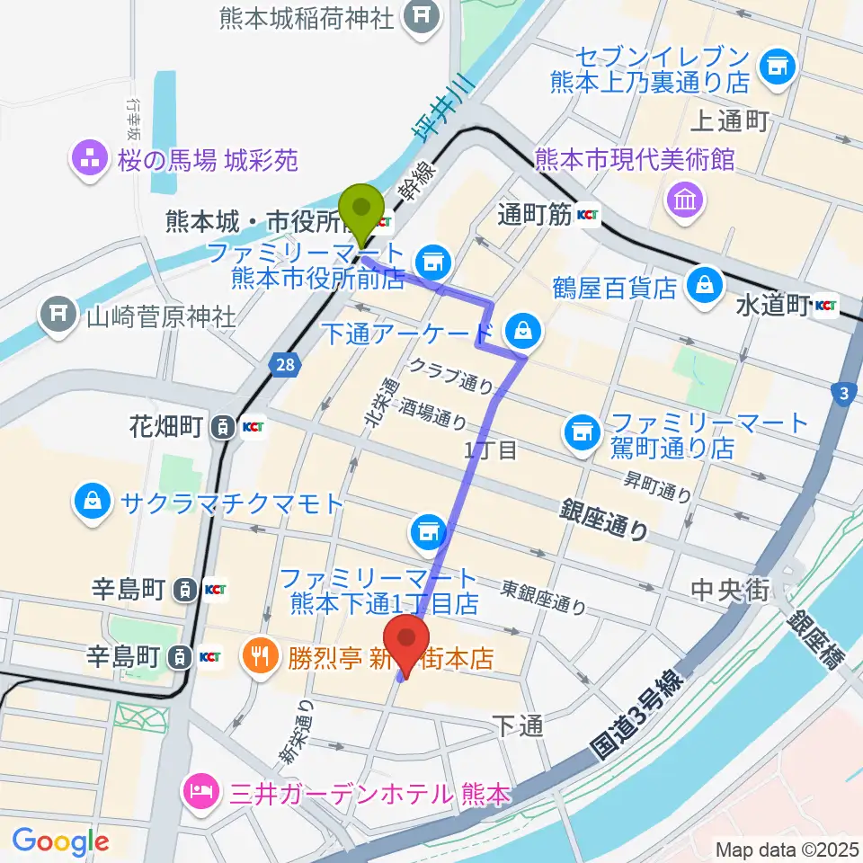 熊本城・市役所前駅からカワイ熊本ショップへのルートマップ地図