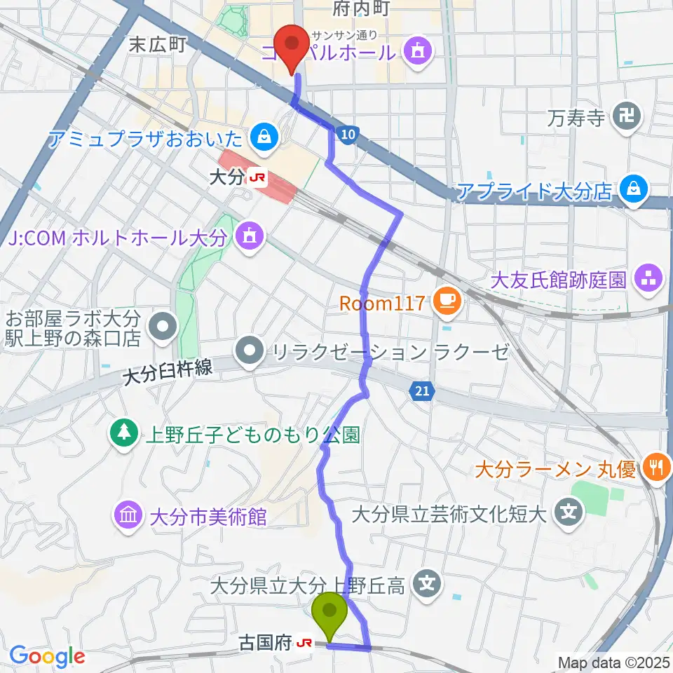 古国府駅からカワイ大分ショップへのルートマップ地図