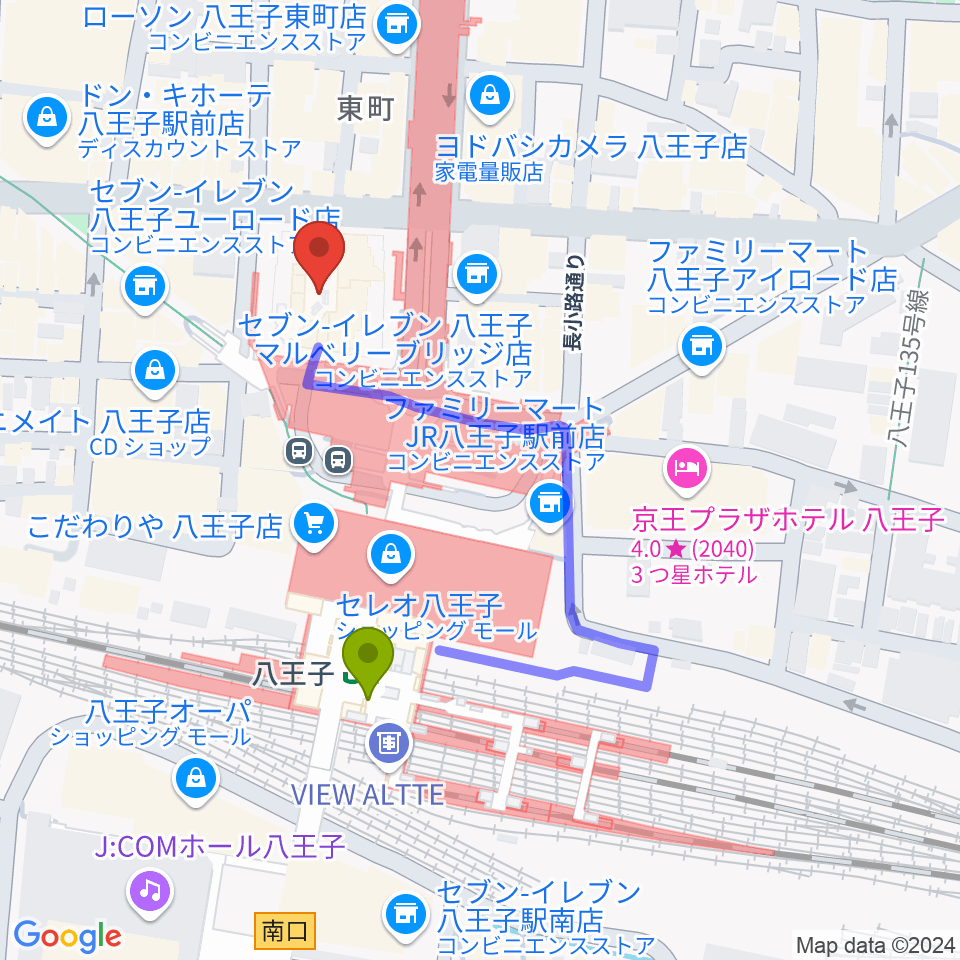 八王子市学園都市センターの最寄駅八王子駅からの徒歩ルート（約3分）地図