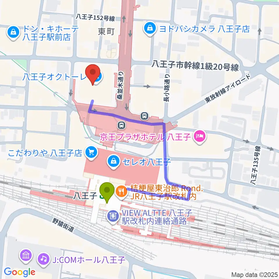 八王子市学園都市センターの最寄駅八王子駅からの徒歩ルート（約3分）地図