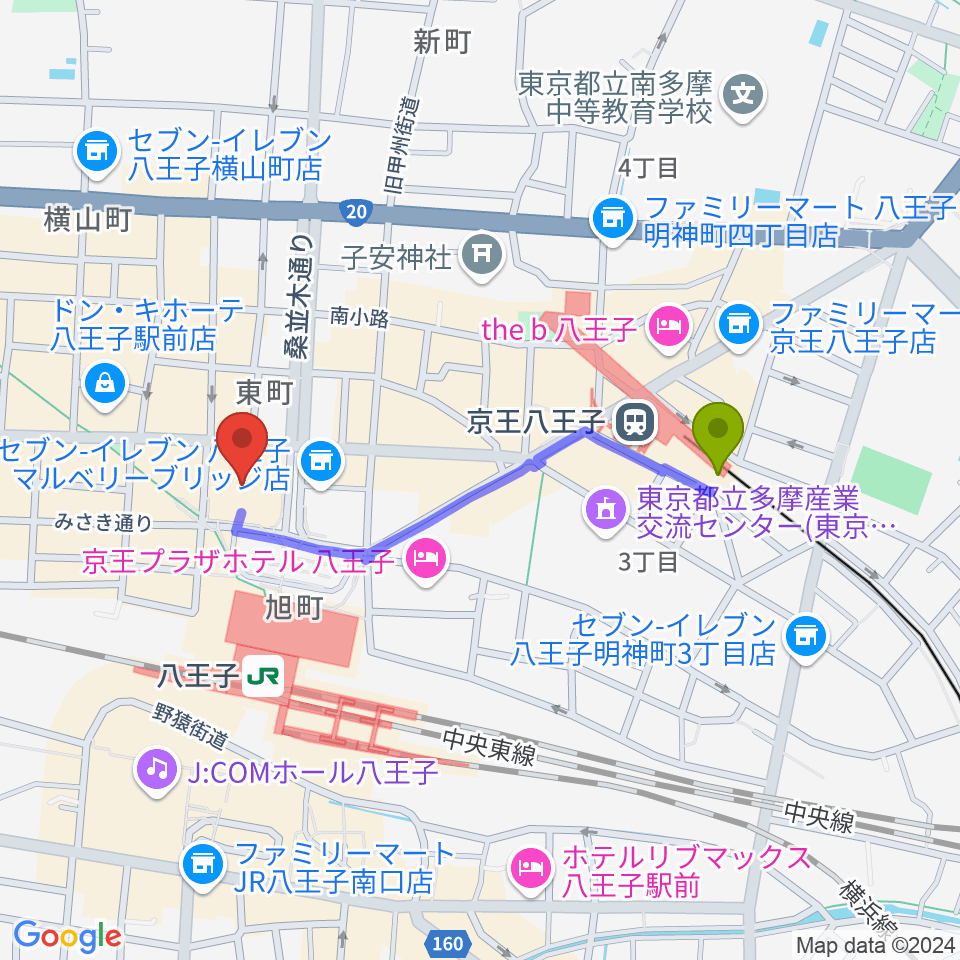 京王八王子駅から八王子市学園都市センターへのルートマップ地図