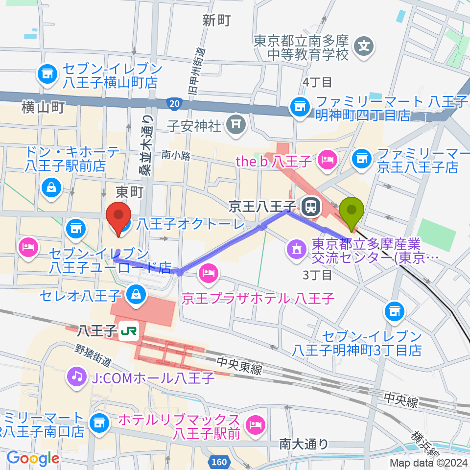 京王八王子駅から八王子市学園都市センターへのルートマップ地図