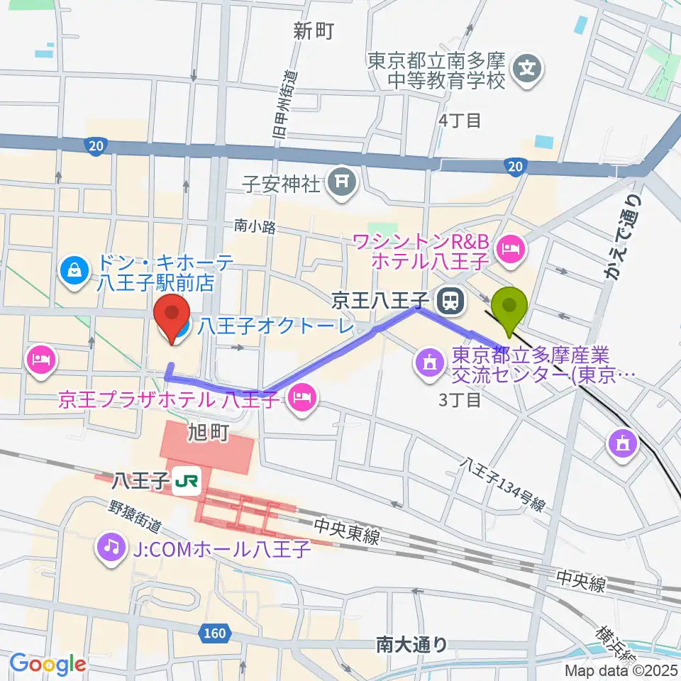 京王八王子駅から八王子市学園都市センターへのルートマップ地図