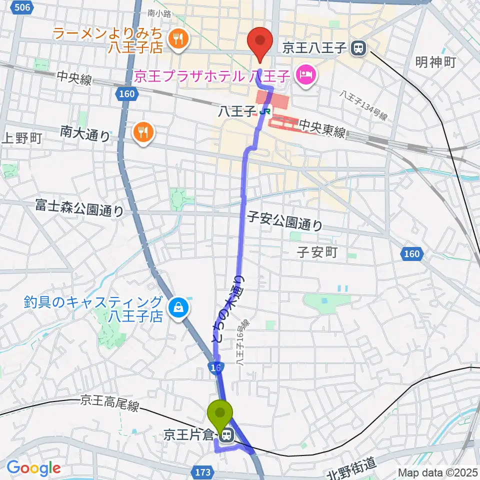京王片倉駅から八王子市学園都市センターへのルートマップ地図