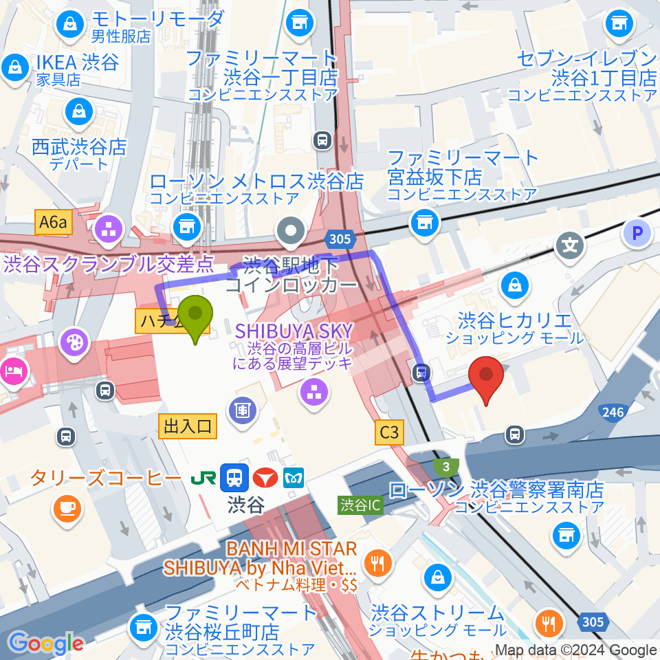 トート音楽院 渋谷校の最寄駅渋谷駅からの徒歩ルート（約4分）地図