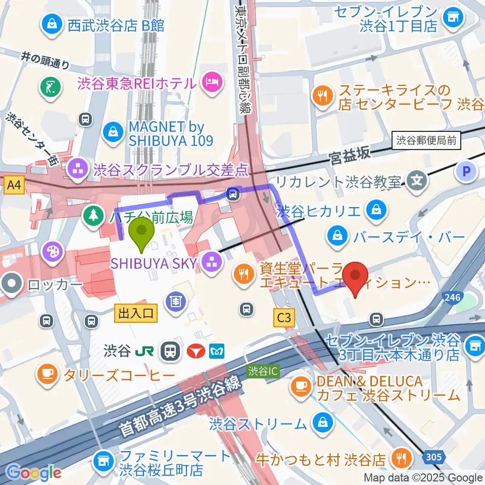 トート音楽院 渋谷校の最寄駅渋谷駅からの徒歩ルート（約4分）地図