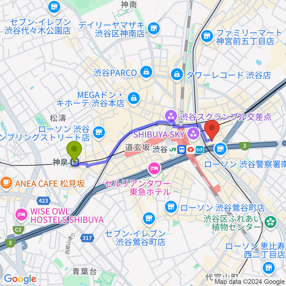 神泉駅からトート音楽院 渋谷校へのルートマップ地図