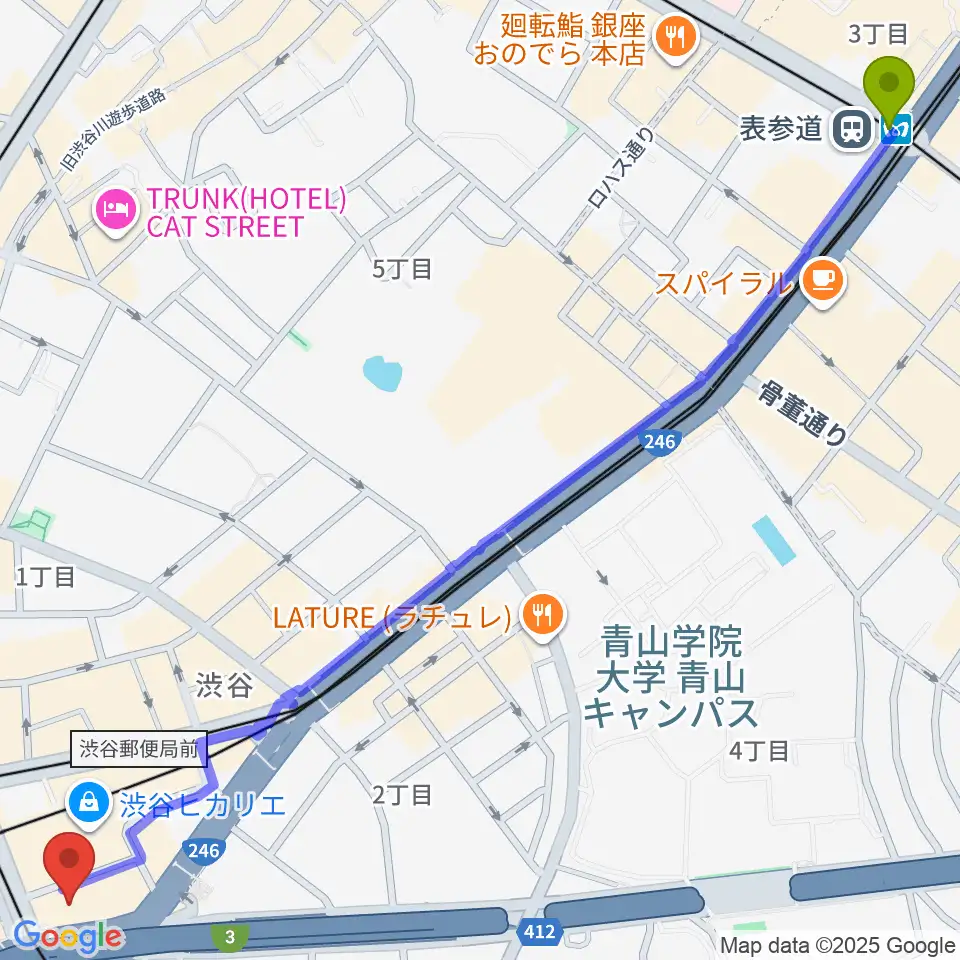 表参道駅からトート音楽院 渋谷校へのルートマップ地図