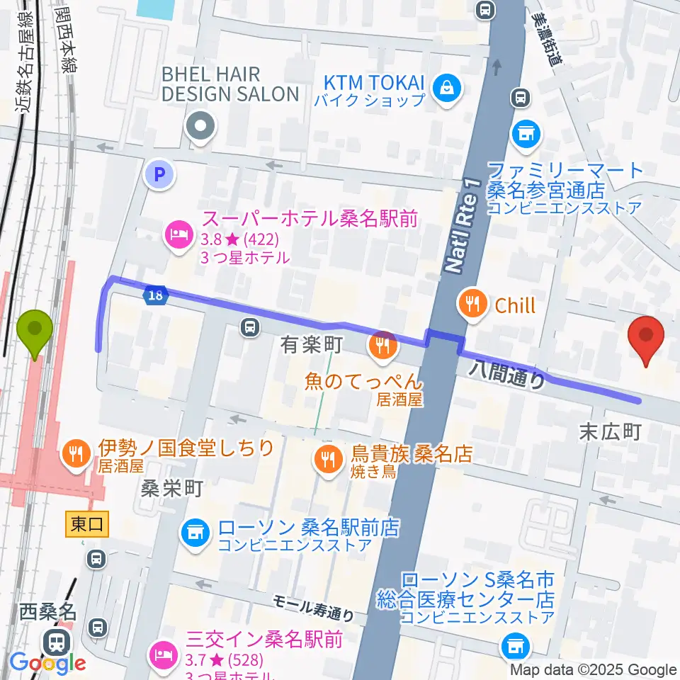 桑名駅から北勢ミュージックへのルートマップ地図