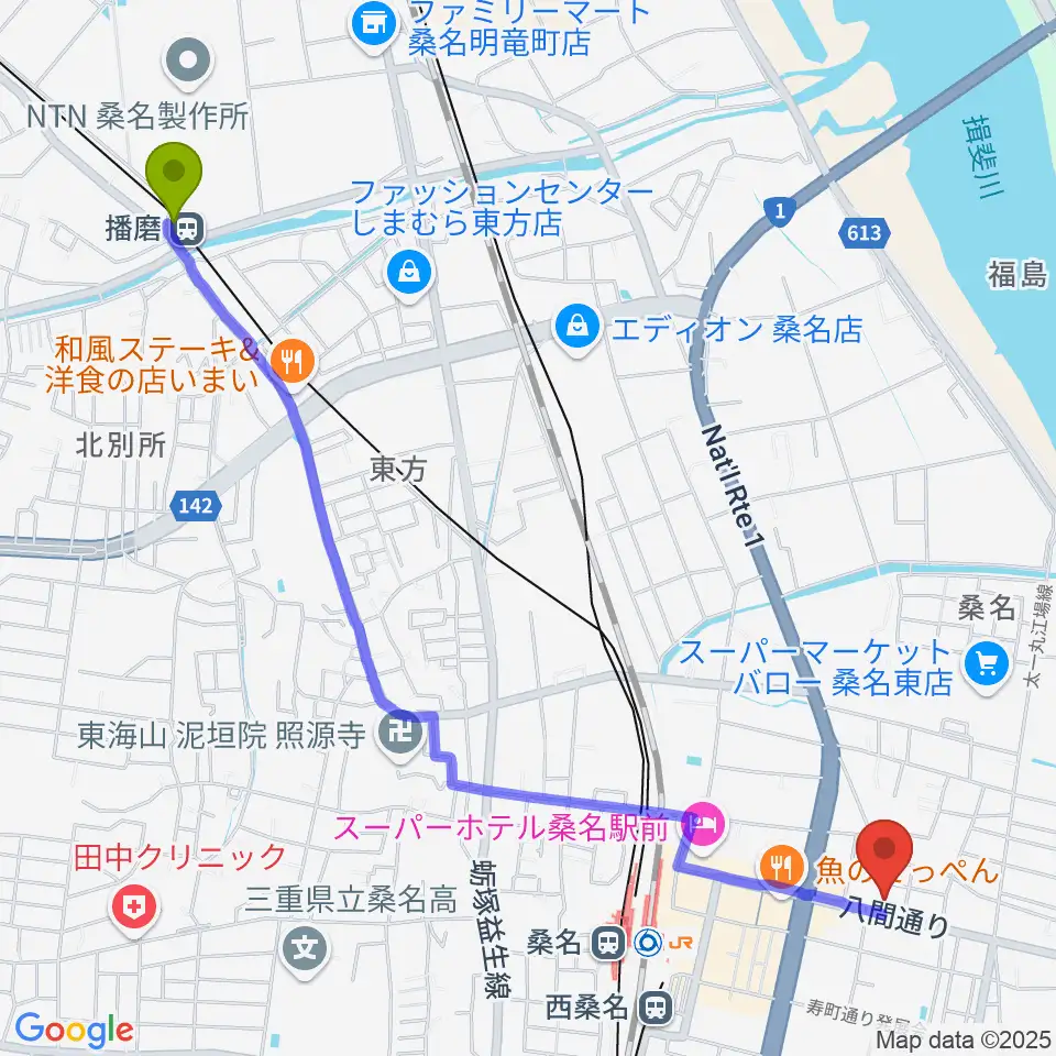 播磨駅から北勢ミュージックへのルートマップ地図
