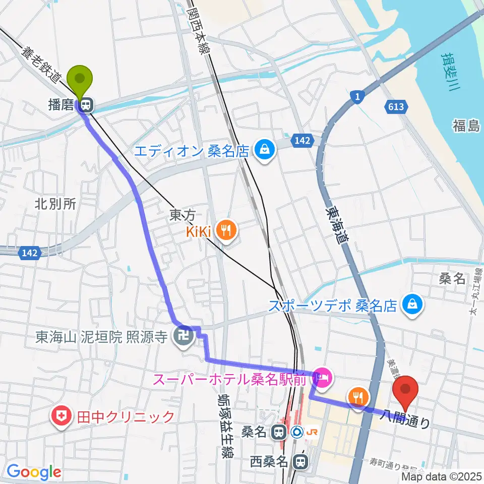 播磨駅から北勢ミュージックへのルートマップ地図