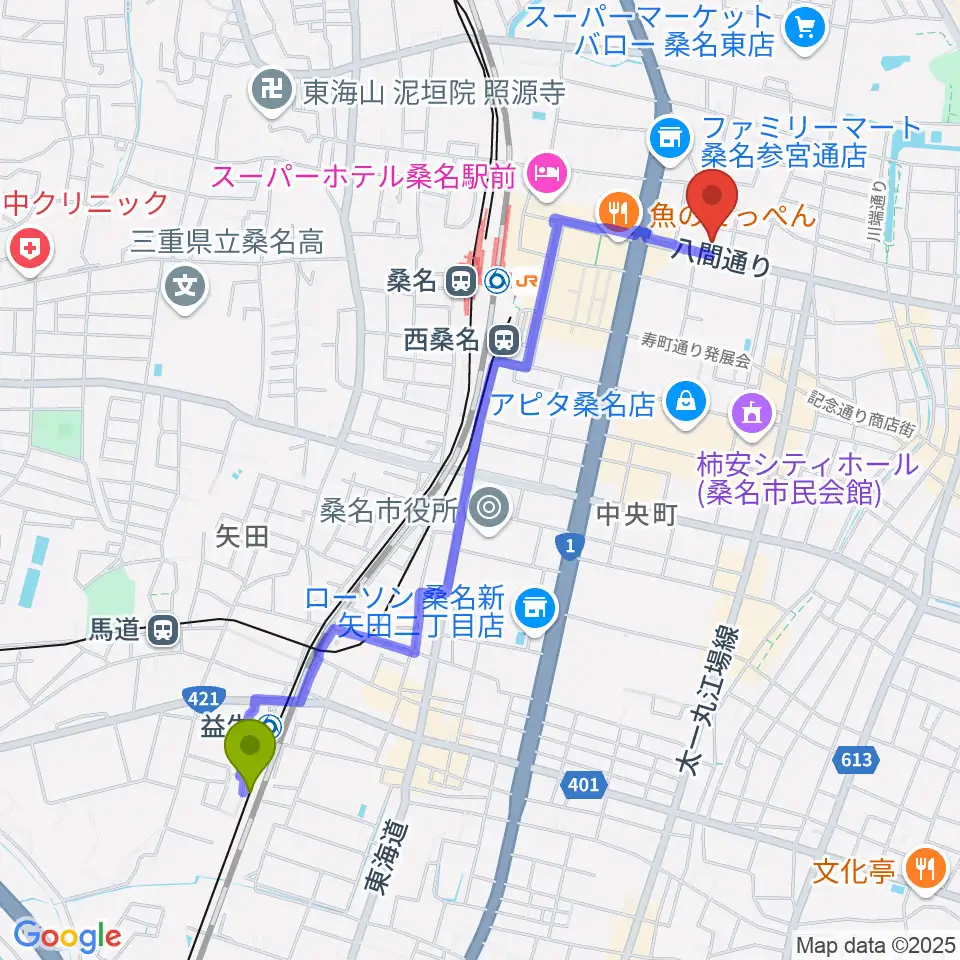 益生駅から北勢ミュージックへのルートマップ地図