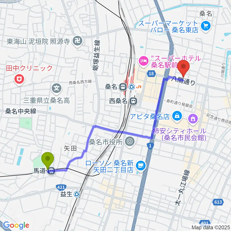 北勢ミュージックの最寄駅馬道駅からの徒歩ルート（約22分）地図