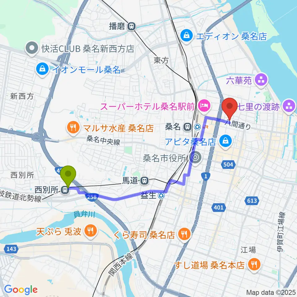 西別所駅から北勢ミュージックへのルートマップ地図