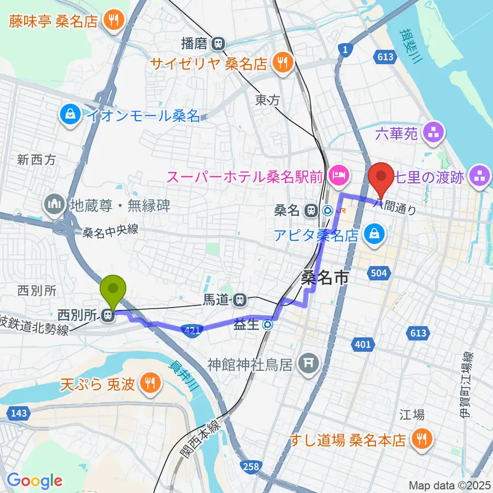 西別所駅から北勢ミュージックへのルートマップ地図