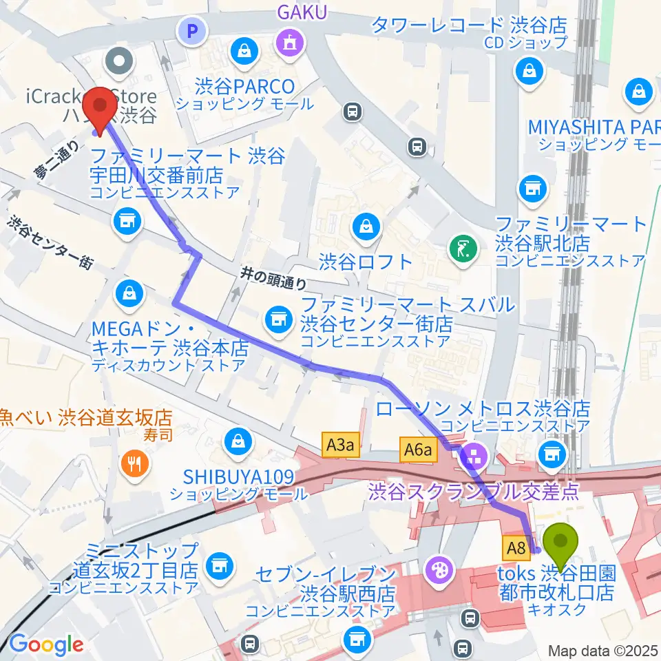 ミュージックランドKEY渋谷店の最寄駅渋谷駅からの徒歩ルート（約7分）地図