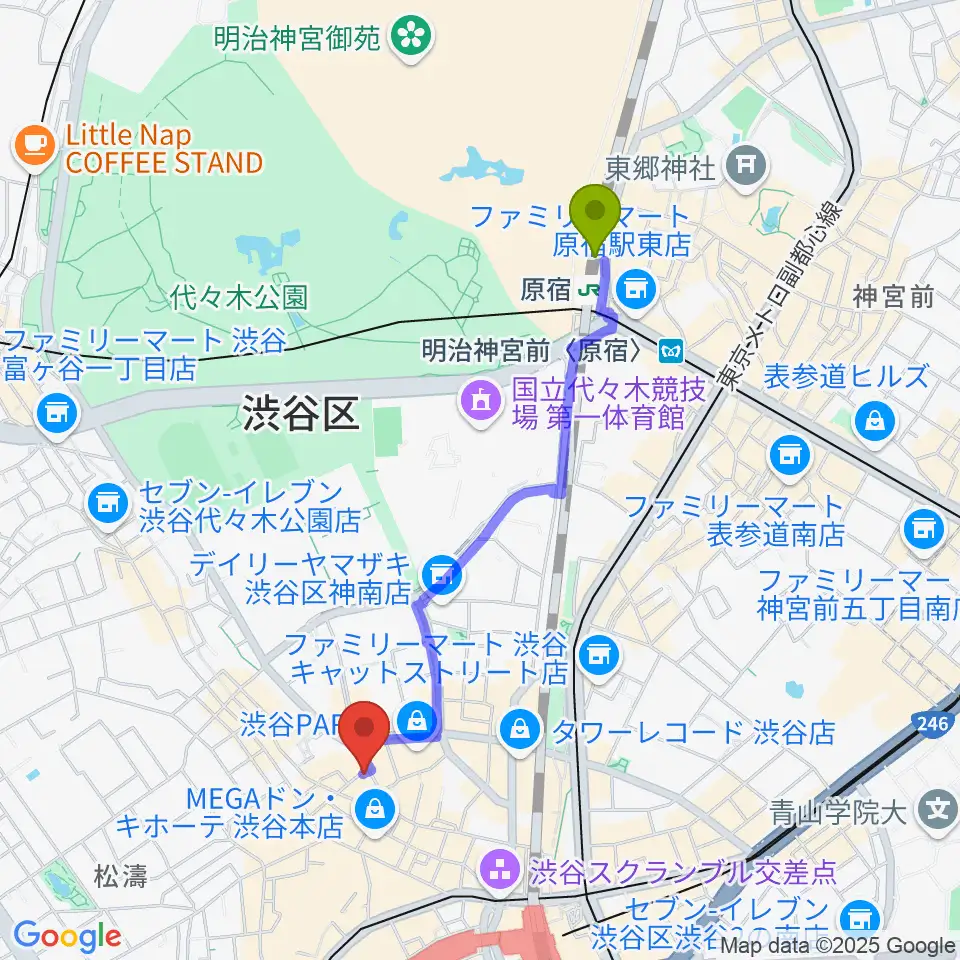 原宿駅からミュージックランドKEY渋谷店へのルートマップ地図