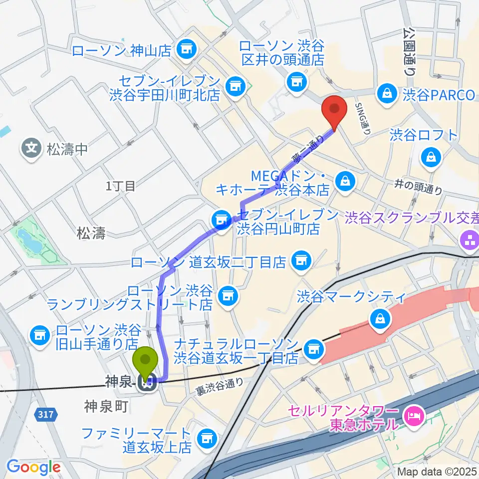 神泉駅からミュージックランドKEY渋谷店へのルートマップ地図