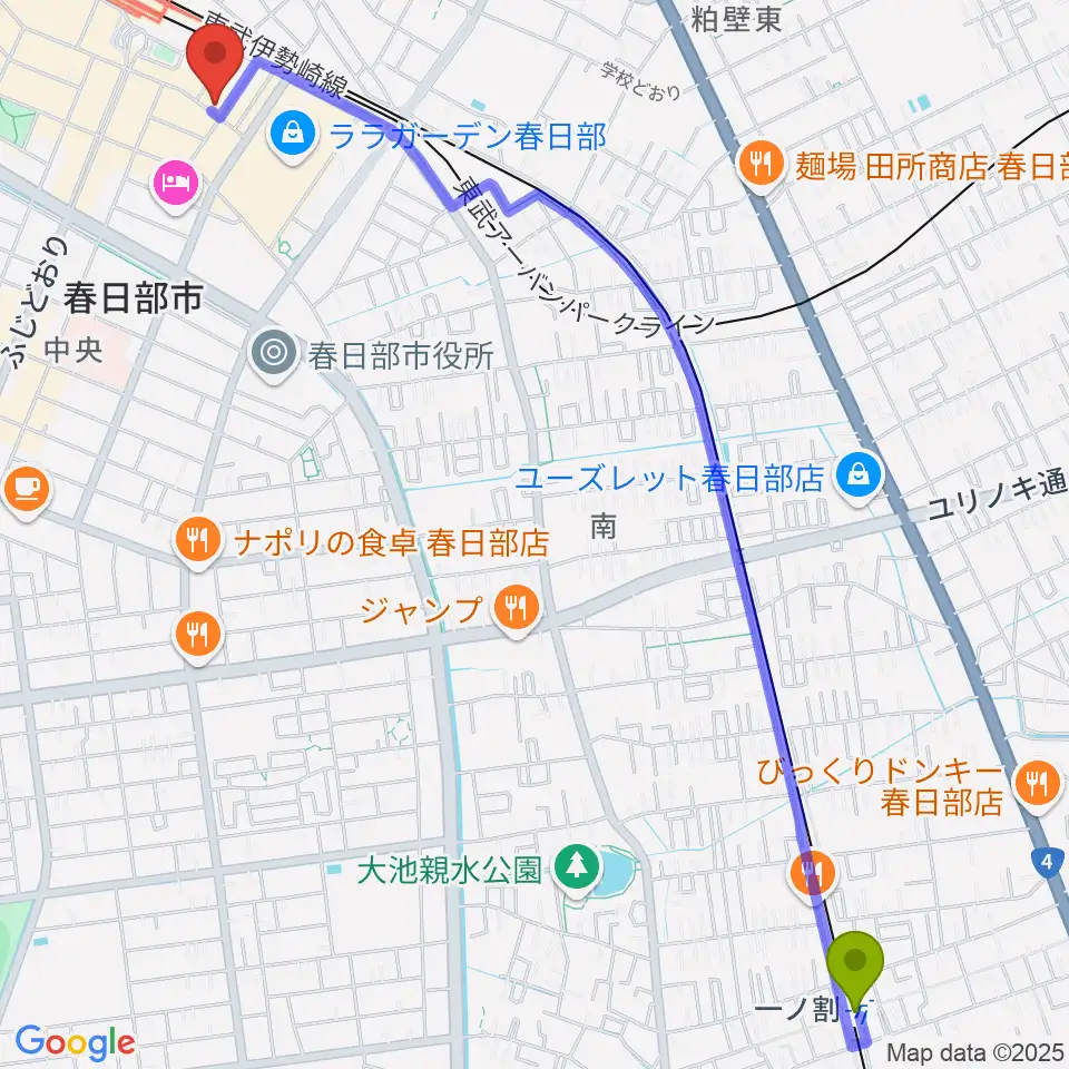一ノ割駅から昭和楽器 春日部店へのルートマップ地図