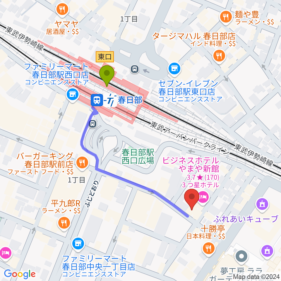 昭和楽器 春日部店の最寄駅春日部駅からの徒歩ルート（約4分）地図