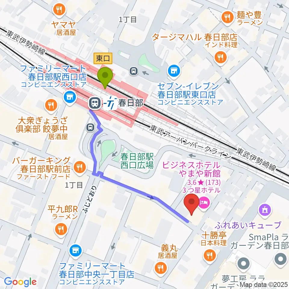 昭和楽器 春日部店の最寄駅春日部駅からの徒歩ルート（約4分）地図