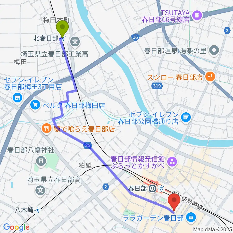 北春日部駅から昭和楽器 春日部店へのルートマップ地図