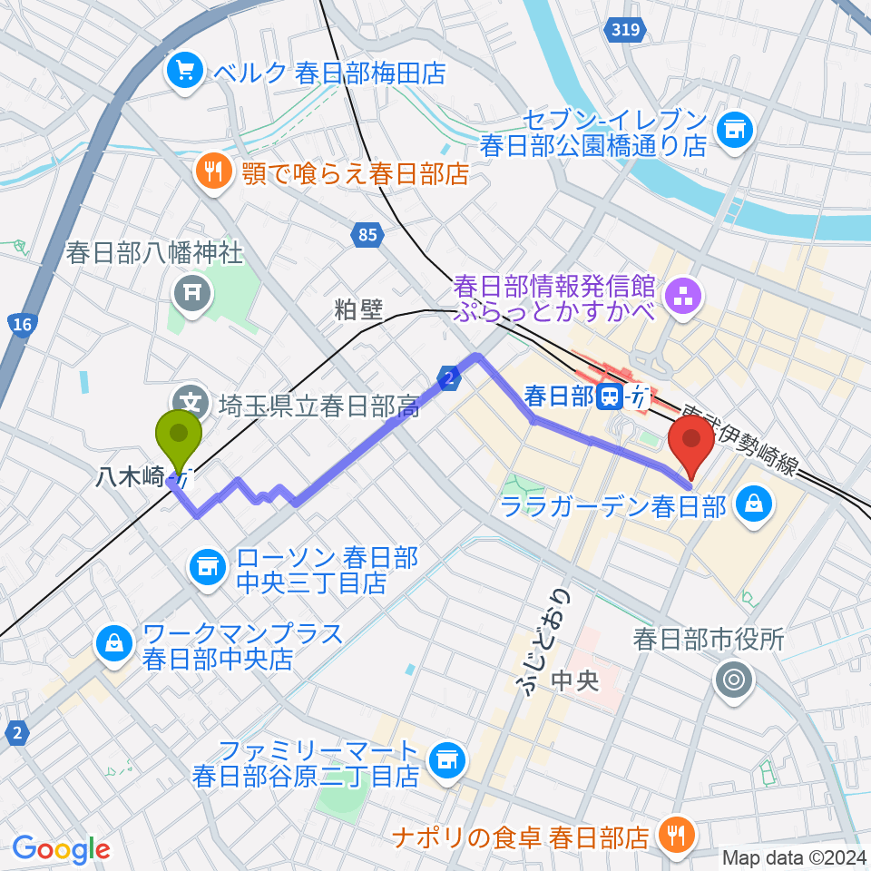 八木崎駅から昭和楽器 春日部店へのルートマップ地図