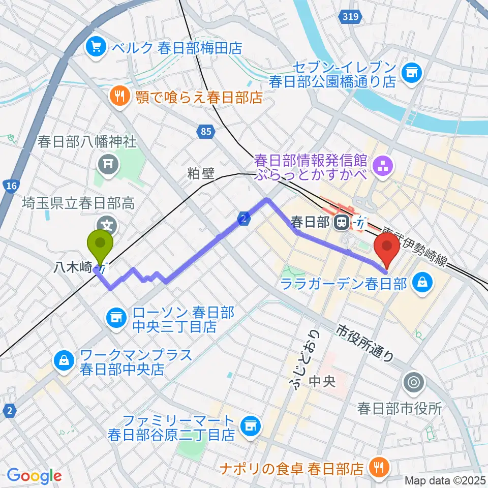 八木崎駅から昭和楽器 春日部店へのルートマップ地図