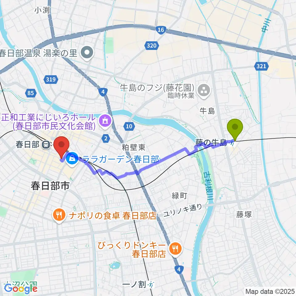 藤の牛島駅から昭和楽器 春日部店へのルートマップ地図
