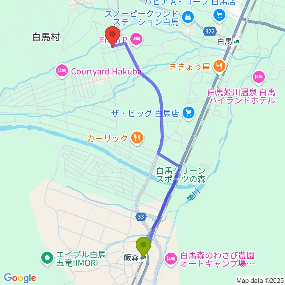 飯森駅からエルマージョへのルートマップ地図