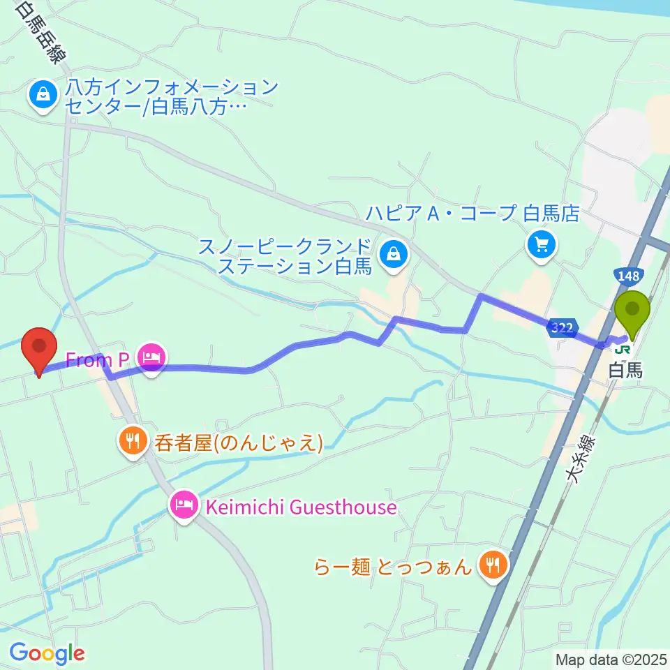 エルマージョの最寄駅白馬駅からの徒歩ルート（約27分）地図