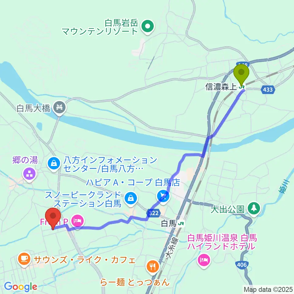 信濃森上駅からエルマージョへのルートマップ地図