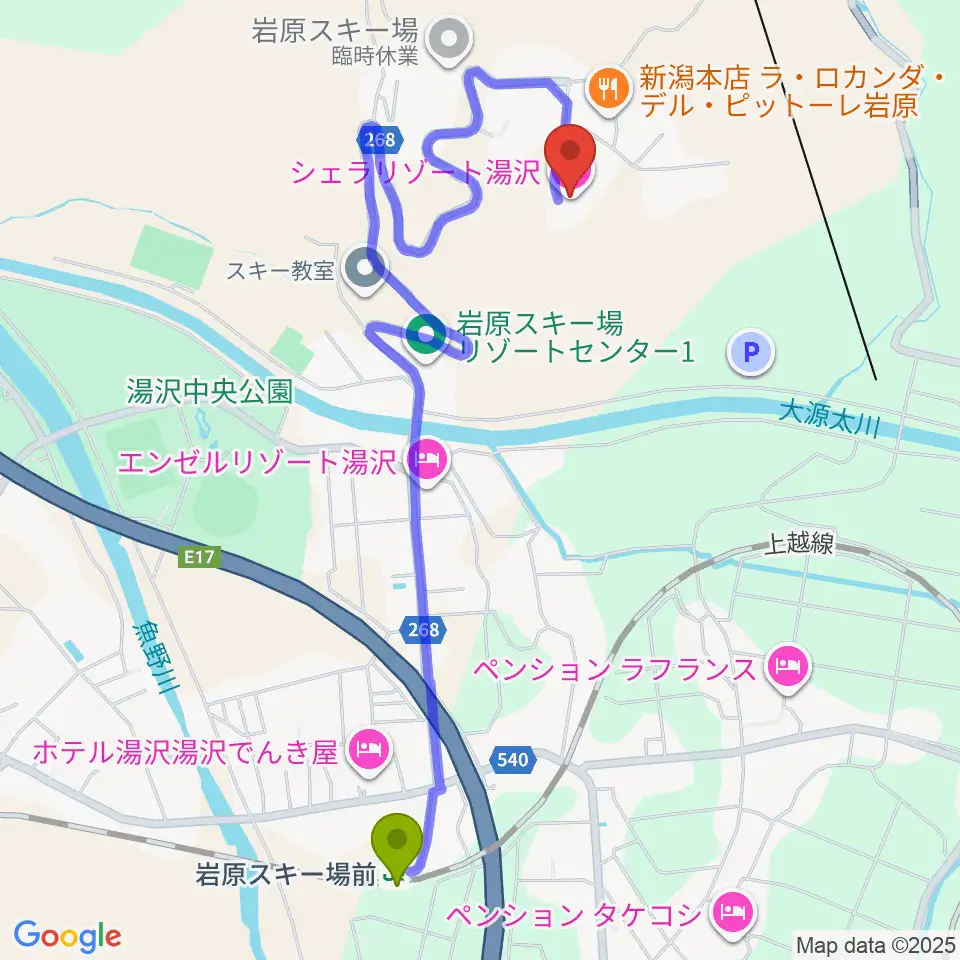 シェラリゾート湯沢の最寄駅岩原スキー場前駅からの徒歩ルート（約23分）地図