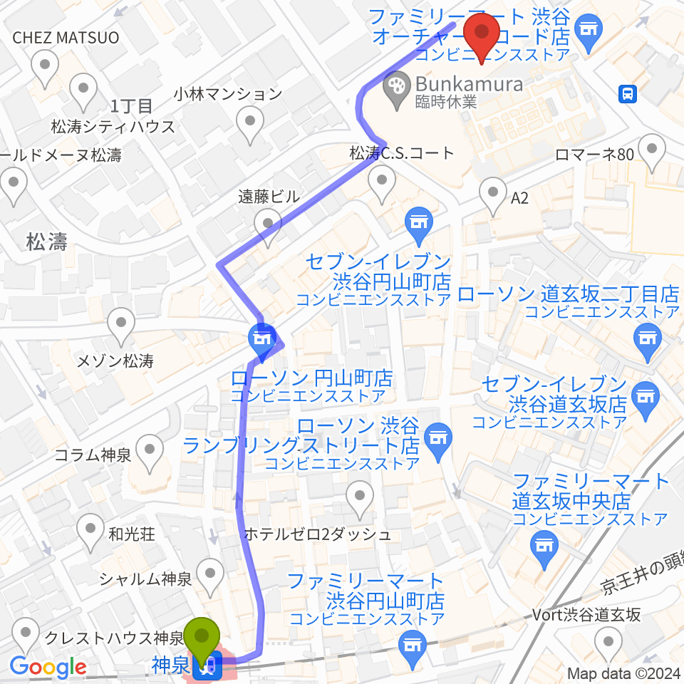 Bunkamura Studioの最寄駅神泉駅からの徒歩ルート（約8分）地図