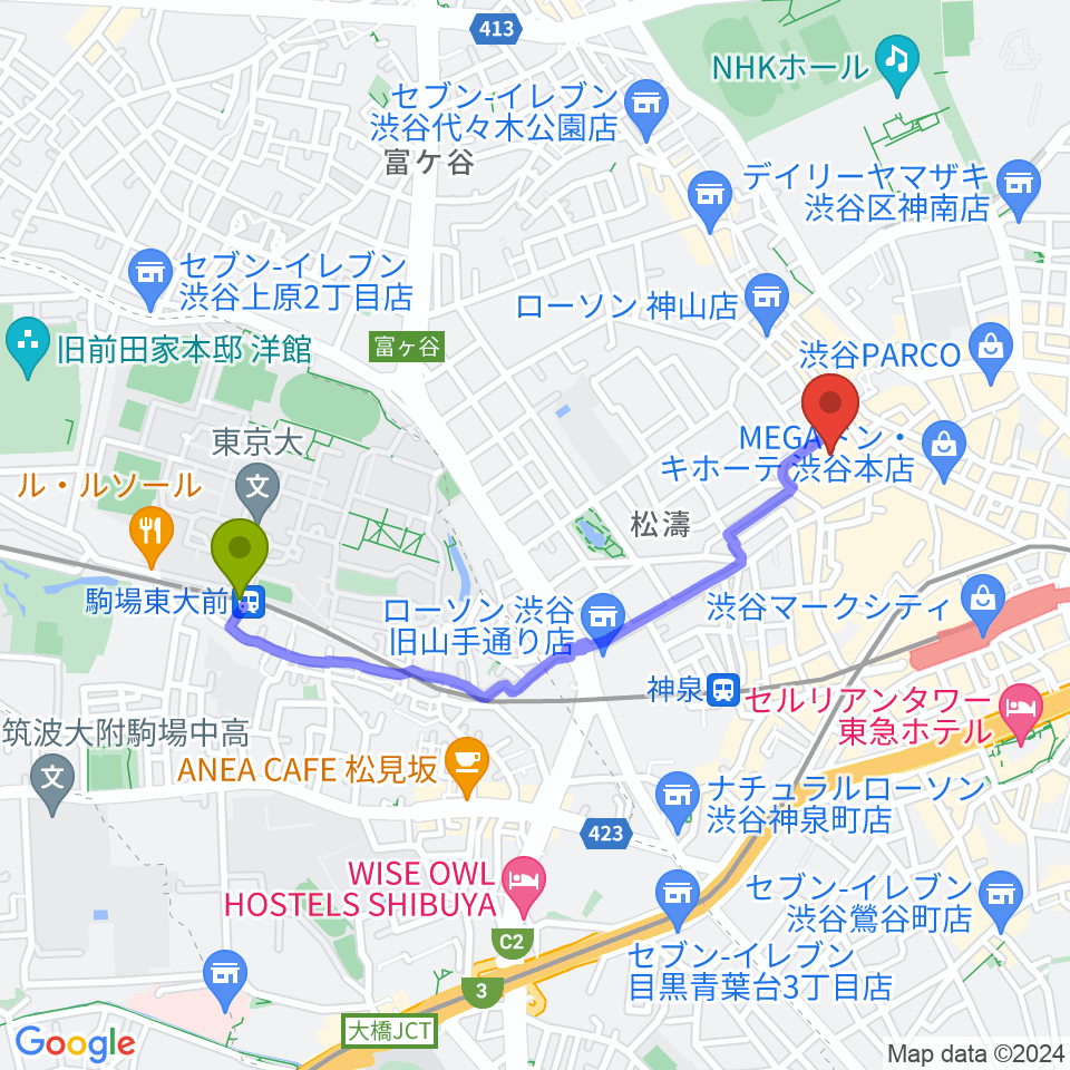 駒場東大前駅からBunkamura Studioへのルートマップ地図