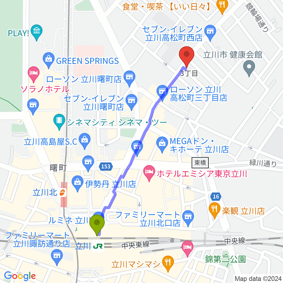 立川駅から立川アオバ楽器音楽教室へのルートマップ地図