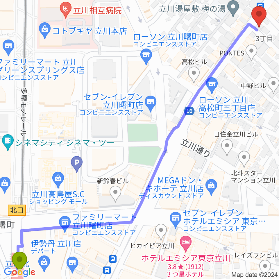 立川アオバ楽器音楽教室の最寄駅立川北駅からの徒歩ルート（約10分）地図