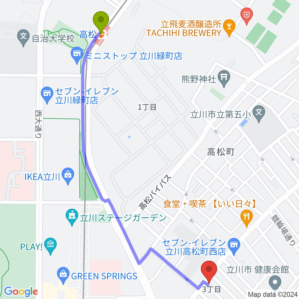 高松駅から立川アオバ楽器音楽教室へのルートマップ地図