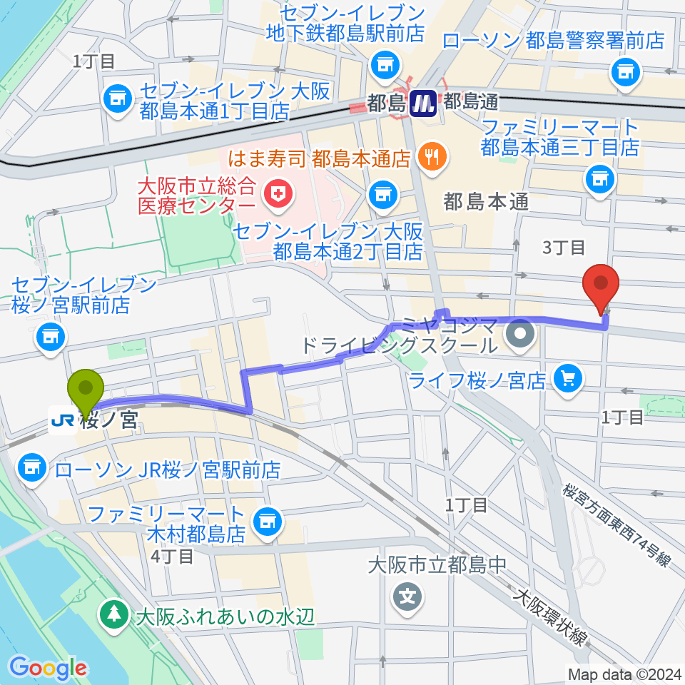 桜ノ宮駅から都島区の上野音楽学園へのルートマップ地図