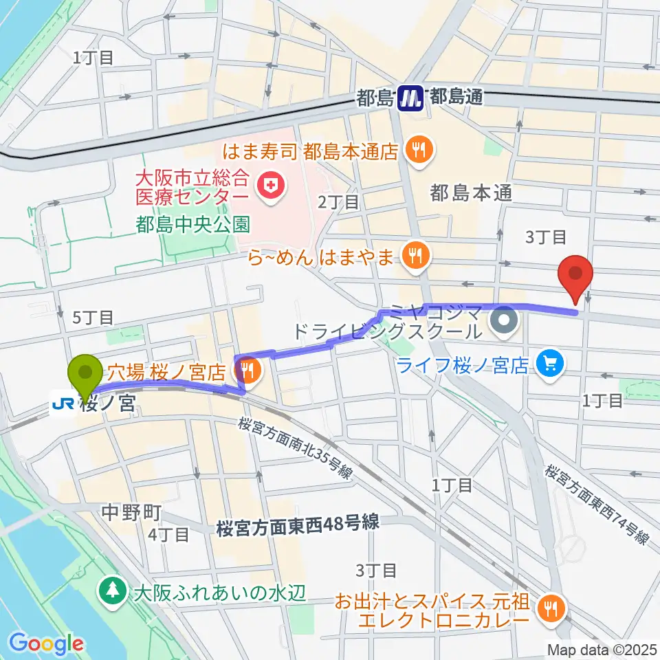 桜ノ宮駅から上野音楽学園へのルートマップ地図