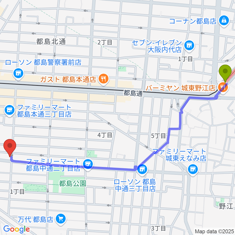 野江内代駅から都島区の上野音楽学園へのルートマップ地図