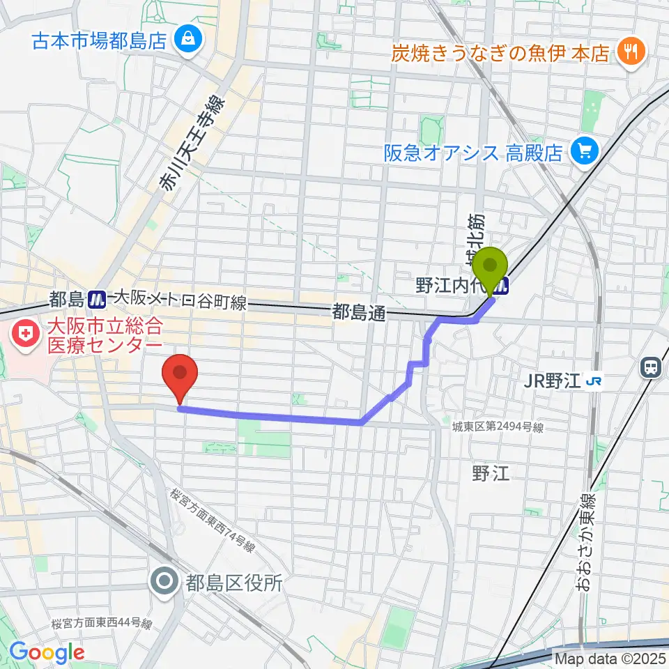 野江内代駅から上野音楽学園へのルートマップ地図