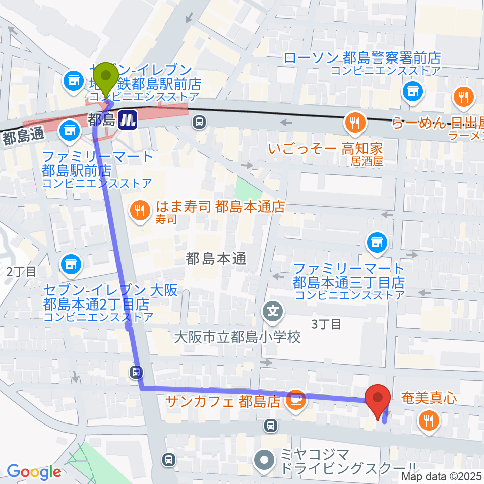 都島区の上野音楽学園の最寄駅都島駅からの徒歩ルート（約7分）地図