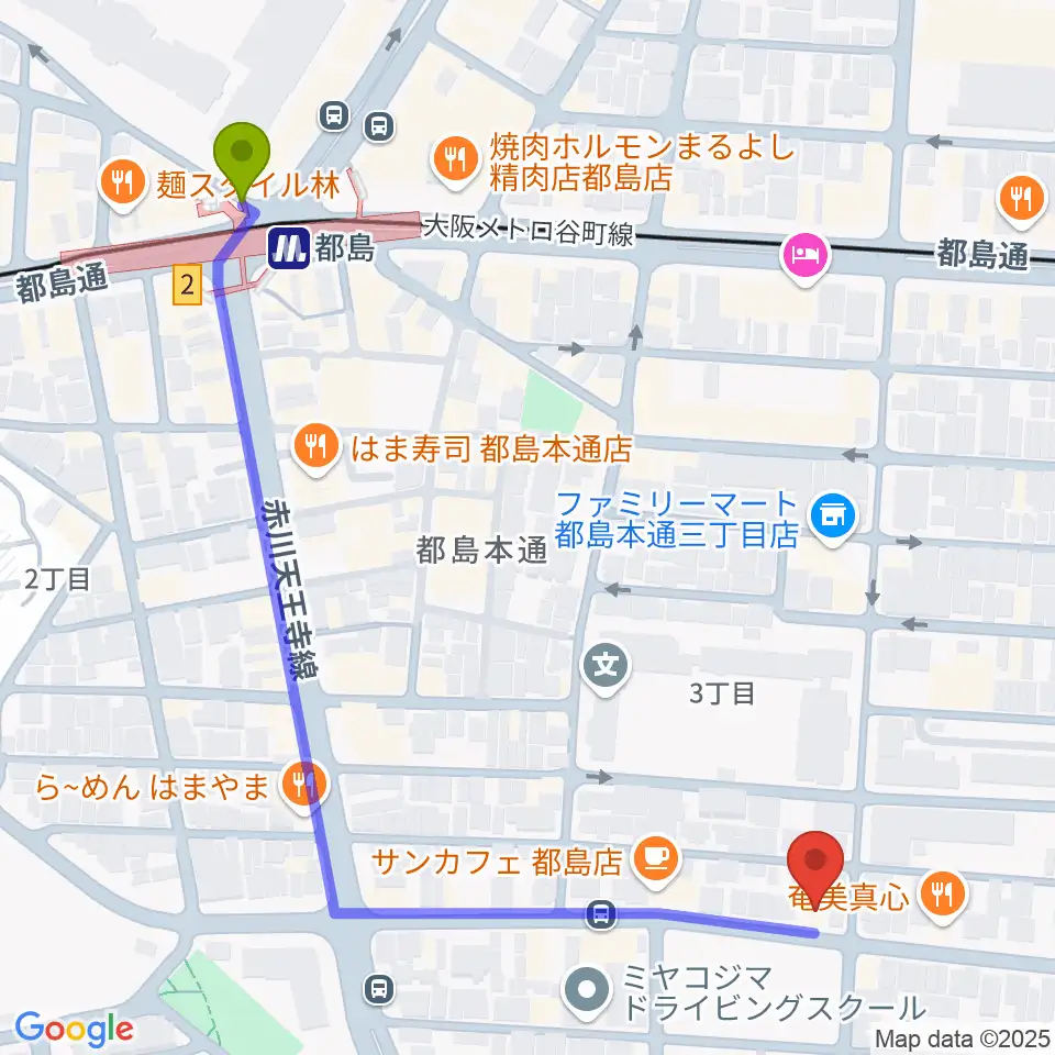 上野音楽学園の最寄駅都島駅からの徒歩ルート（約7分）地図