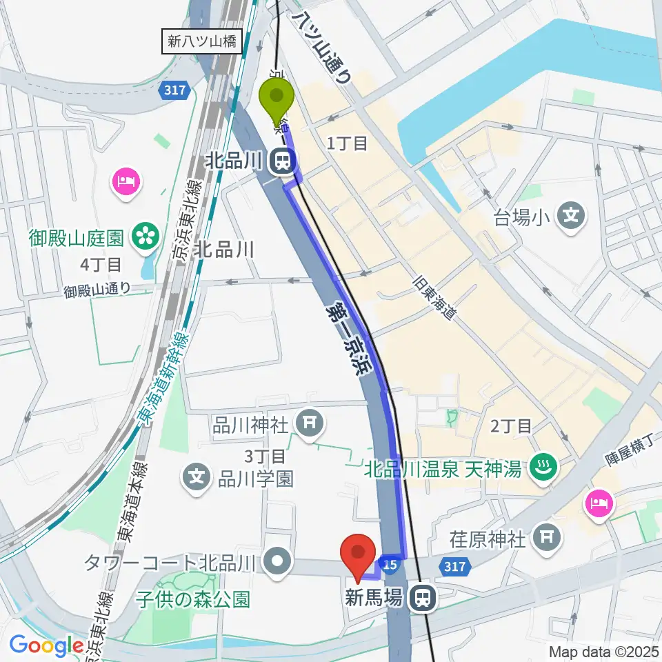 北品川駅からスタジオM8へのルートマップ地図