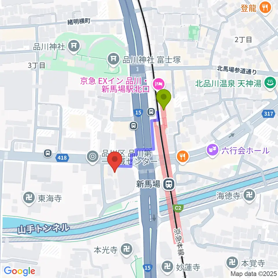 スタジオM8の最寄駅新馬場駅からの徒歩ルート（約2分）地図