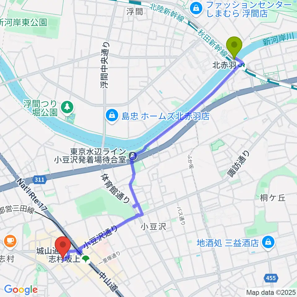 北赤羽駅から板橋ミュージックセンターへのルートマップ地図
