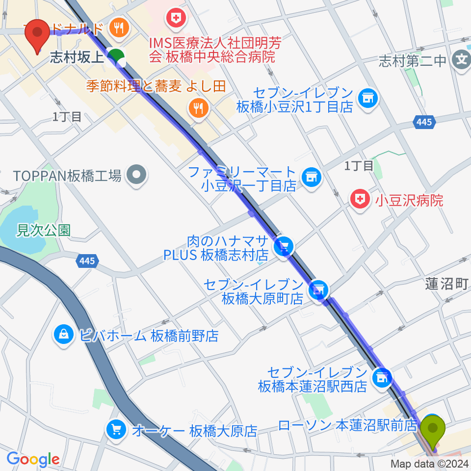 本蓮沼駅から板橋ミュージックセンターへのルートマップ地図