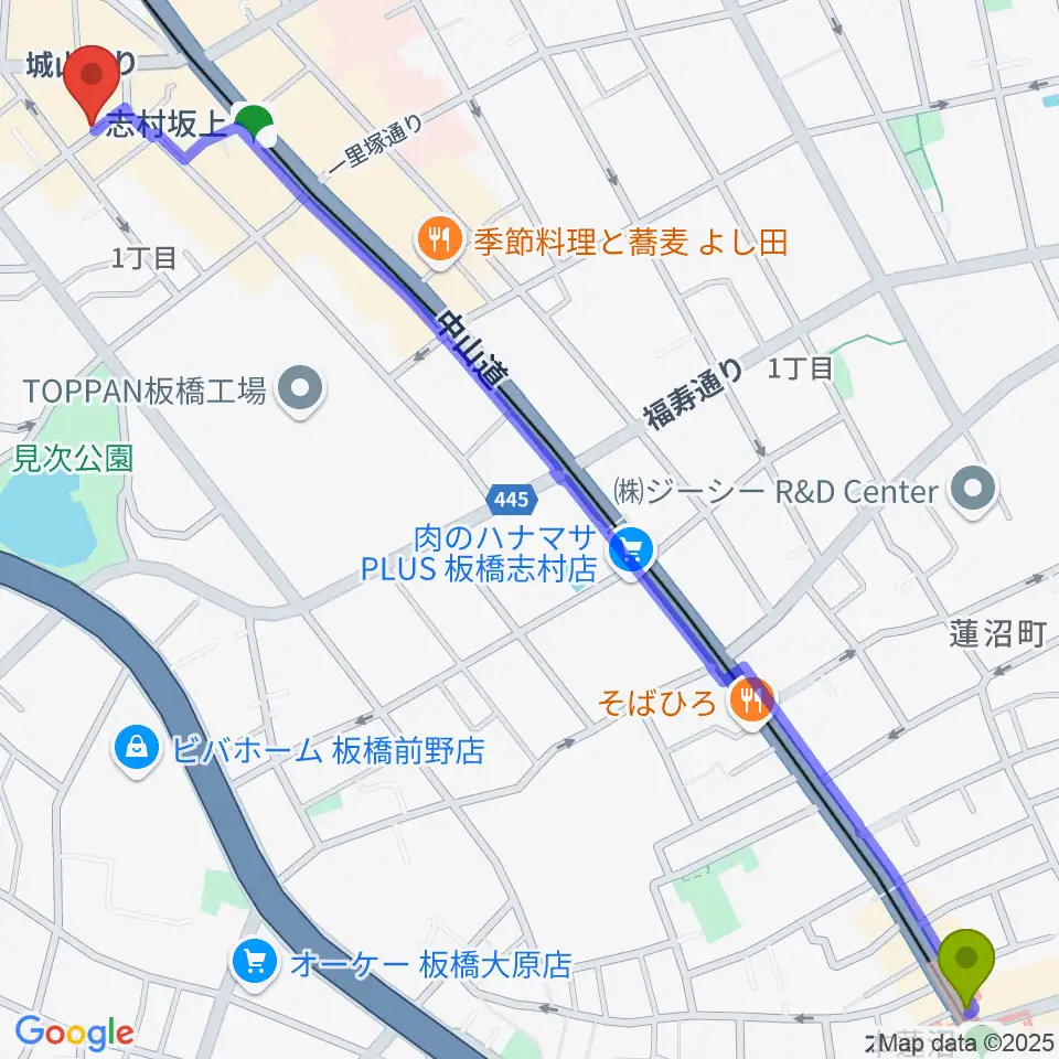 本蓮沼駅から板橋ミュージックセンターへのルートマップ地図