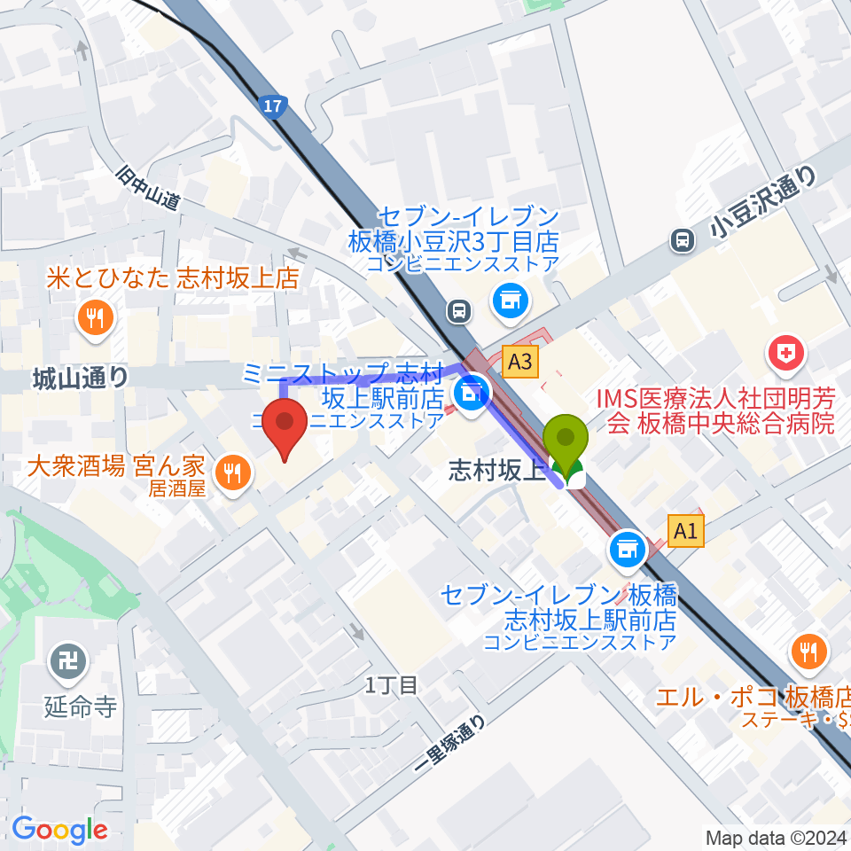 板橋ミュージックセンターの最寄駅志村坂上駅からの徒歩ルート（約3分）地図